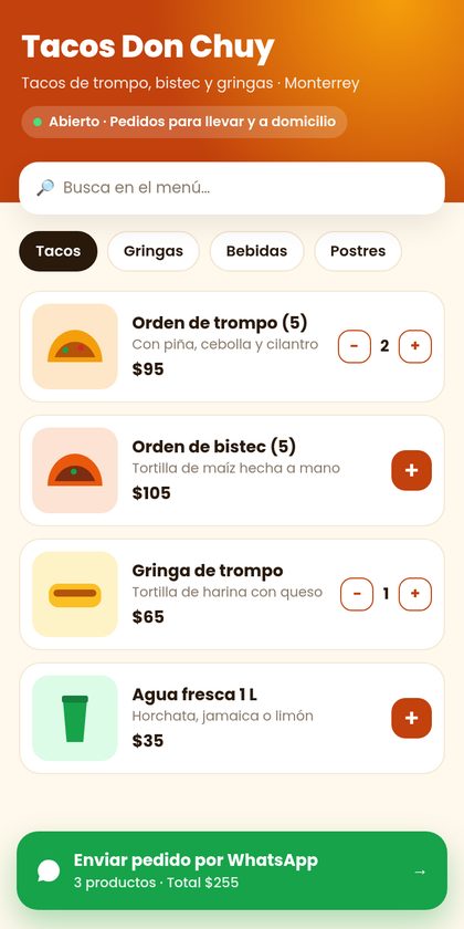 Proyecto de ejemplo: menú en línea de una taquería con pedido por WhatsApp