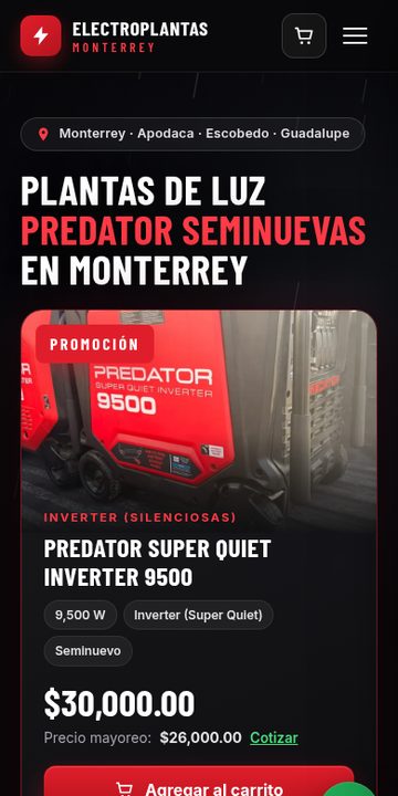 Tienda en línea de Electroplantas Monterrey vista en celular