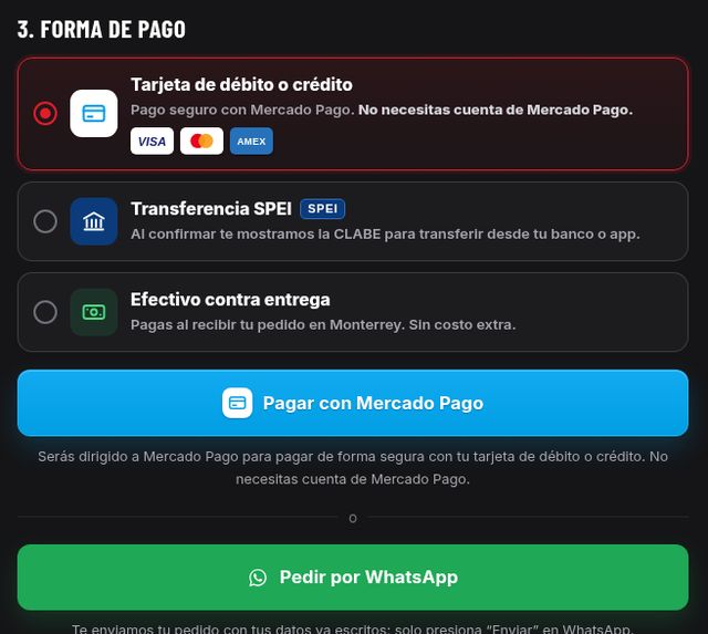Checkout de Electroplantas Monterrey con tarjeta, SPEI o efectivo contra entrega