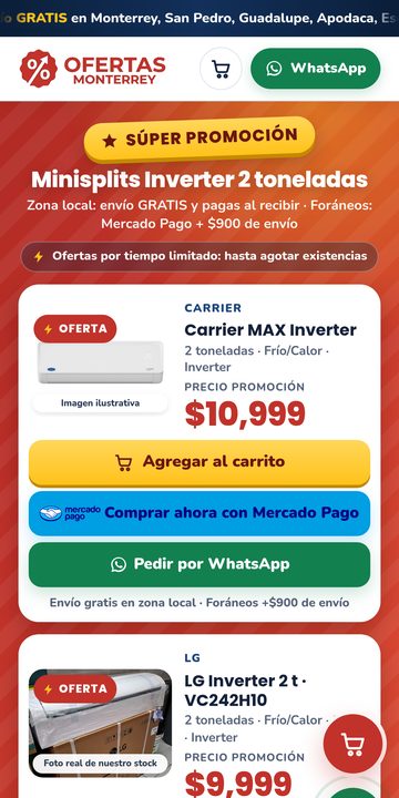 Ofertas Monterrey en celular: promoción de minisplits con carrito y Mercado Pago